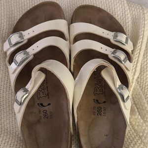 Birkenstock ( Birk’s)White Sandals with three Silver Adjustable  straps